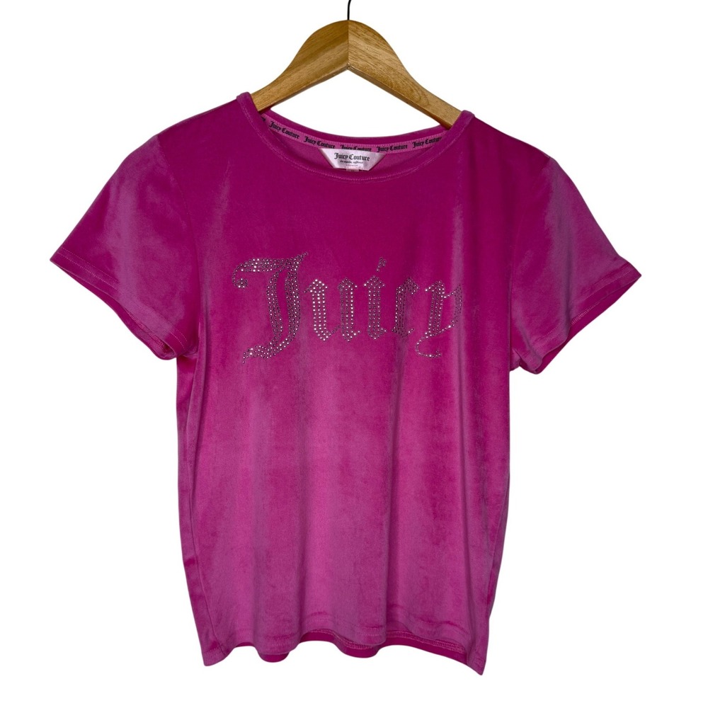 Juicy Couture Pink Velour Rhinestone‎ Logo Short Sleeve Top Y2K Sleep Shirt SZ M